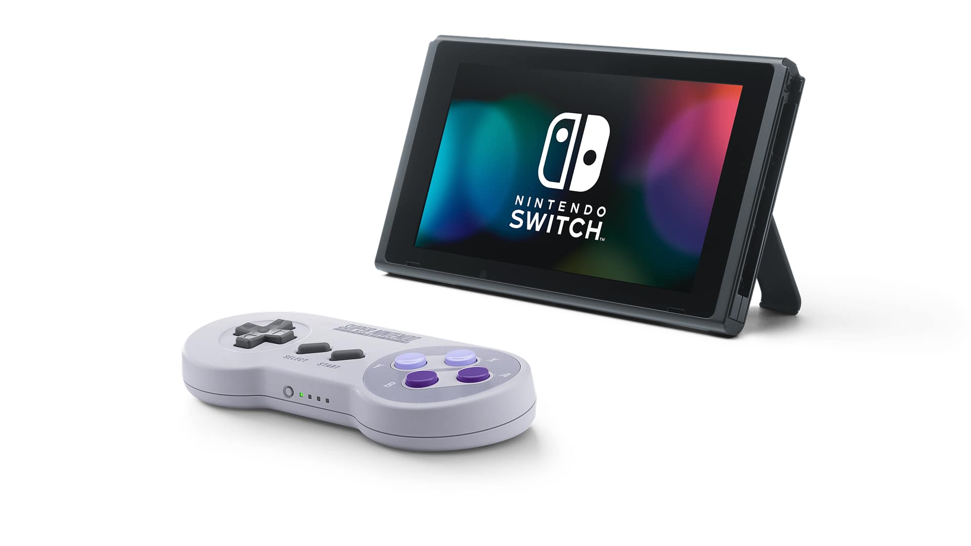 SNES NSO controller in front of Tabletop mode Switch